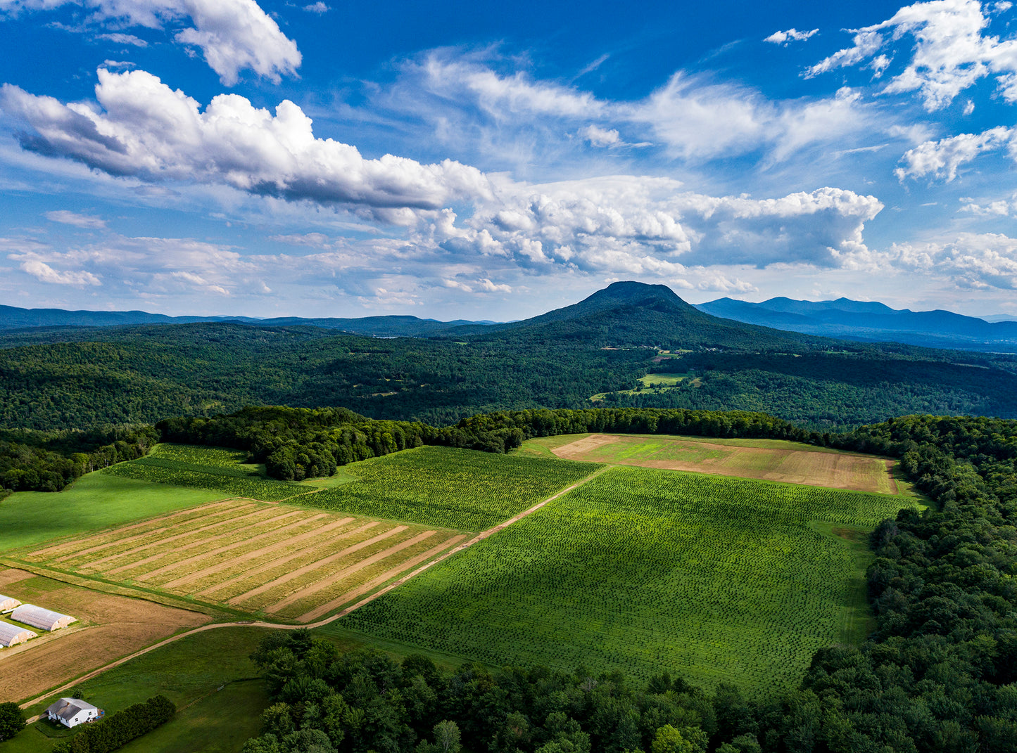 Picture of a farm field with mountains behind